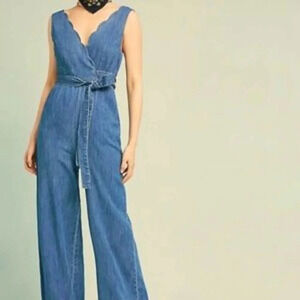 Pilcro by Anthroplogie Lydia Blue Denim Scallop Wrap Wide Leg Jumpsuit 2